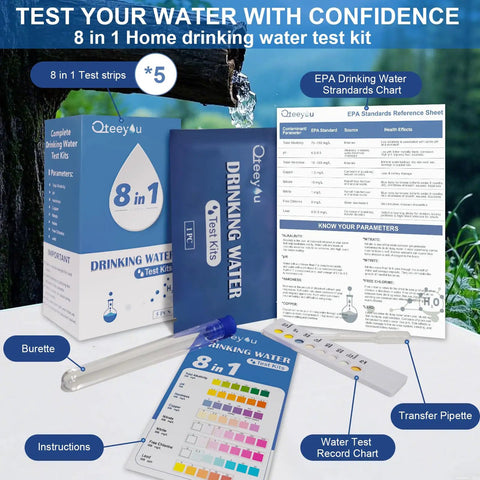 8 In 1 Home Water Testing Kit For Tap And Well Water Detect Lead, pH, Alkalinity, Hardness, Copper, Nitrate, Nitrite, And Chlorine includes strips and cards
