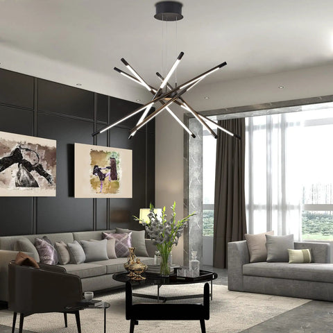 Black Modern LED Sputnik Chandelier With 12 Lights Pendant, 4000K Dimmable Ceiling Fixture In Aluminum And Acrylic in a living room