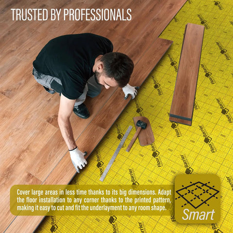 Real Deal Floor Underlayment With No Sweat Moisture Barrier Delivers Two Massive Rolls Covering Four Hundred Square Feet Total At 3mm Thick To Silence Footstep Echoes And Level Laminate Vinyl Hardwood Surfaces Pack Of Two, shown during installation.