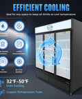 Heavy Duty Commercial Display Refrigerator Three Section Hinged Glass Door Upright Fridge Cooler Hella Durable 46 Cubic Foot with cooling features.
