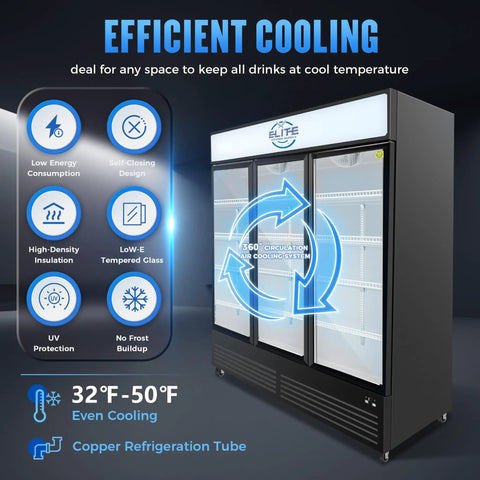Heavy Duty Commercial Display Refrigerator Three Section Hinged Glass Door Upright Fridge Cooler Hella Durable 46 Cubic Foot with cooling features.