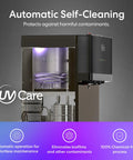Self Cleaning Bottom Loading Water Cooler Dispenser In Black Stainless Steel With Three Temperature Settings Hot Room And Cold Water Easy Bottle Refill And No Fuss Back Saving Convenience For Home Or Office showing automatic self-cleaning feature.