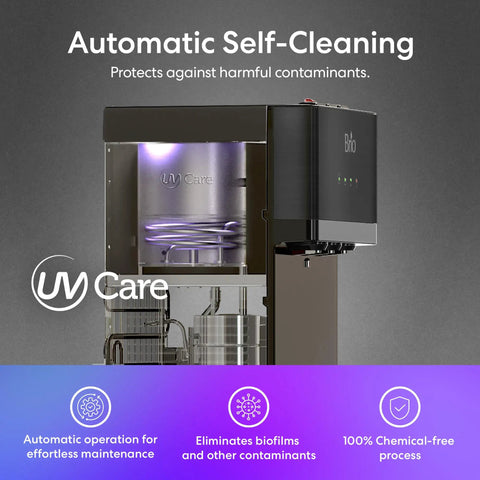 Self Cleaning Bottom Loading Water Cooler Dispenser In Black Stainless Steel With Three Temperature Settings Hot Room And Cold Water Easy Bottle Refill And No Fuss Back Saving Convenience For Home Or Office showing automatic self-cleaning feature.