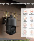 360° PTZ Wireless Security Camera With 2K Battery Power For Outdoor And Indoor Use mounted on wall with dual antenna and features list visible.