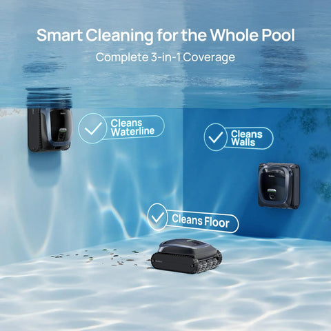 AquaSense 2 Cordless Robotic Pool Vacuum Cleaner With Auto Surface Parking cleaning floor, walls, and waterline in pool.