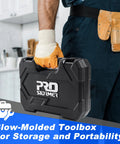 Front view of ProStormer blow-molded toolbox, black plastic case with handle, held by gloved worker.