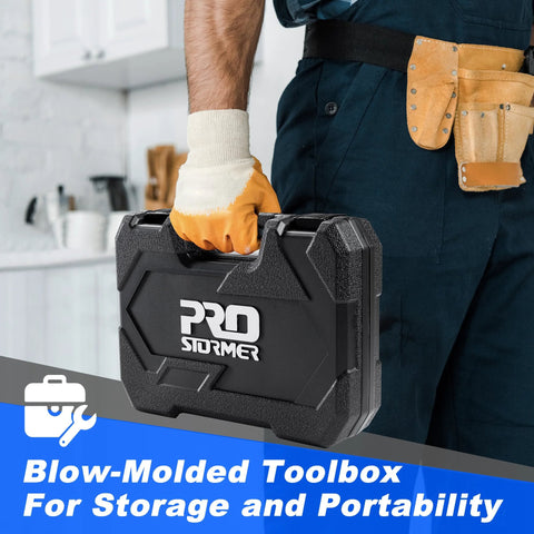 Front view of ProStormer blow-molded toolbox, black plastic case with handle, held by gloved worker.
