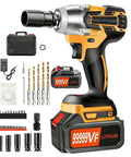Heavy Duty Cordless Impact Wrench With 21V Brushless Motor And 6.0Ah Battery For Car Repair Garage Work Includes Charger And 39Pc Kit displayed with battery and socket set.