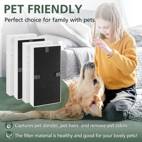 4 Pack Replacement Air Purifier Filters Dual Action HEPA Type FRF102B Compatible With FHT170W FHT180W FHT190W And Honeywell HRF201B HHT270 HHT290 Models, girl with dog