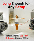 Person standing between two cars with Illumi Heavy Duty Jumper Cables Kit for Cars and Trucks with 12Ft 6 Gauge Copper Wires.