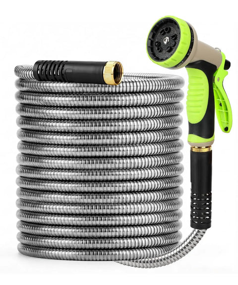Stainless Steel Garden Hose 25 Ft Heavy Duty Flexible Water Hose With 10 Function Spray Nozzle No Kink Lightweight Puncture Proof