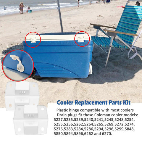 Durable Cooler Replacement Parts Kit With Plastic Hinges And Drain Plug Assembly For 1 Inch Shaft Length, 1 And 2 Pack, Part Number R5214D607G, Compatible With Various Cooler Models, Easy DIY Repair, shown on a beach cooler.