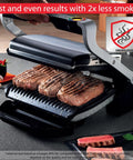 T-Fal OptiGrill Indoor Panini Press With Smart Sensor Tech grilling steaks with even heat, preparing perfect thicker cuts indoors.