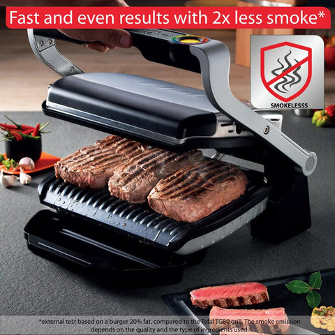 T-Fal OptiGrill Indoor Panini Press With Smart Sensor Tech grilling steaks with even heat, preparing perfect thicker cuts indoors.