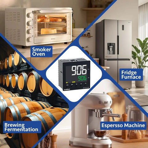 PID Temperature Controller With Dual Output Relay And SSR, LCD Display, shown with smoker oven, fridge, barrels, espresso machine