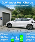 Level 1 And Level 2 EV Charger With J1772 Connector, 23 Foot Cable, 240V 32A 7.68KW Output, NEMA 14 50 Plug And NEMA 5 15 Adapter, Home Charging Station For J1772 Electric Vehicles, No Fuss Plug And Play in use, charging a white car in driveway.