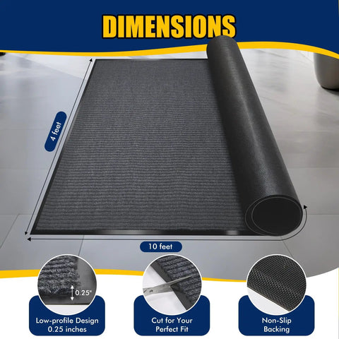 Heavy Duty Indoor Outdoor Entrance Mat 4 By 10 Feet Rubber Border Door Rug With Non Slip Tread in dimensions showing 4x10 ft size.