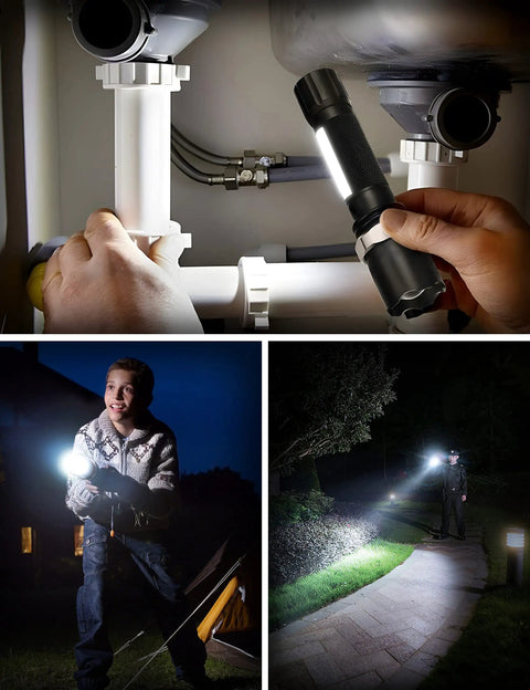 Rechargeable LED Flashlight With COB Sidelight Beast Mode Bright High Lumen Beam Zoomable Tactical Light 3 Modes in various uses