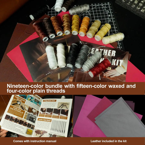 Top view of All In One Leather Working Tool Set 588Pcs Pro Gear For Beginners with thread spools, instruction manual, and leather pieces.