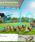 Heavy Duty Metal Chicken Coop Run With Walk In Design Roosting Perch 10 By 5 By 6.4 Ft Rust Resistant Steel Frame Waterproof And UV Resistant Cover Outdoor Duck And Chicken Enclosure For Yard Easy Access Safe Backyard Poultry Habitat showing mesh providing predator protection.