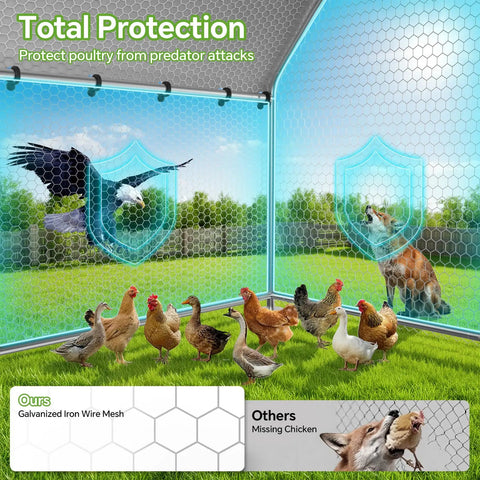 Heavy Duty Metal Chicken Coop Run With Walk In Design Roosting Perch 10 By 5 By 6.4 Ft Rust Resistant Steel Frame Waterproof And UV Resistant Cover Outdoor Duck And Chicken Enclosure For Yard Easy Access Safe Backyard Poultry Habitat showing mesh providing predator protection.