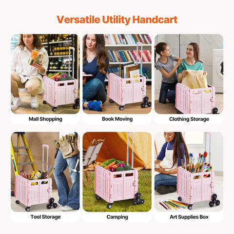 Foldable Utility Cart 65L Portable Crate Rolling Cart With Stair Climbing Wheels in six different uses: shopping, books, clothes, tools, camping, art supplies.
