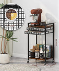 Rustic Brown Four Tier Coffee Cart With Smooth Locking Casters And Deep Pod Tray, 12.5x17x33.7 inches, organized for kitchens.