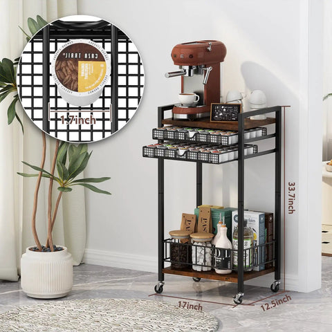Rustic Brown Four Tier Coffee Cart With Smooth Locking Casters And Deep Pod Tray, 12.5x17x33.7 inches, organized for kitchens.