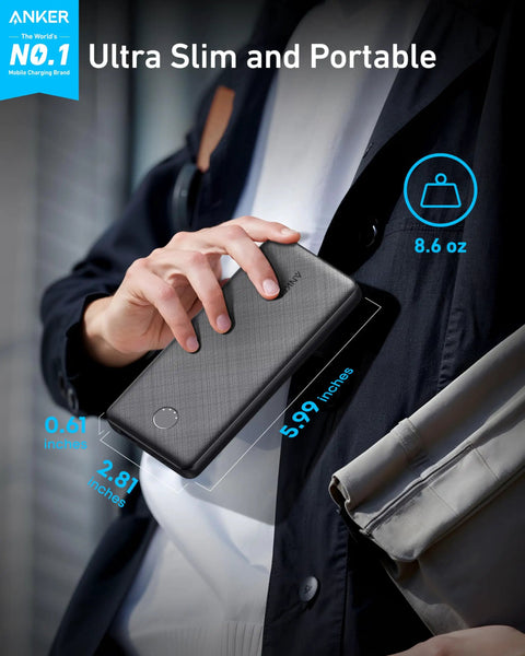 Top Shelf 10000mAh Portable Charger With Hella Fast Usb C Power Delivery And Ultra Slim Profile shown being held, measuring 5.99x2.81x0.61 inches.