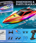 Dimensions and parts of Remote Control RC Boat For Kids With 7 LED Modes 60 Minutes Play Time 15 KPH Speed Boat shown.