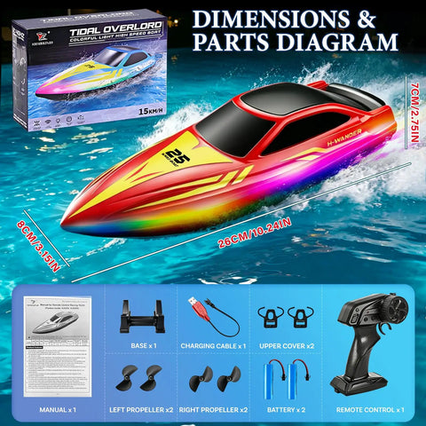 Dimensions and parts of Remote Control RC Boat For Kids With 7 LED Modes 60 Minutes Play Time 15 KPH Speed Boat shown.