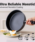 Nonstick frying pan with removable handle pouring food, part of 17 piece pots and pans set with induction ready cookware, black