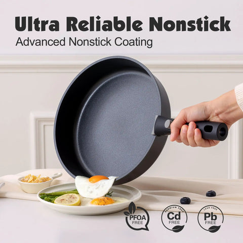 Nonstick frying pan with removable handle pouring food, part of 17 piece pots and pans set with induction ready cookware, black