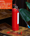 Red fire extinguisher with hose on wooden table next to sealing strips, pull pins. 6 Pack 100 PSI Pressure Gauges For Portable Water Fire Extinguishers Stainless Steel Replacement Parts With 9.84 Inch Sealing Strips And Pull Pins Red Dial Ready For Quick Pressure Testing And Easy Installation.