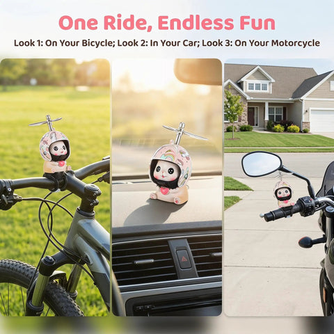 Totally Cool Cat Bike Helmet Decor for Bikes and Cars Made of Lightweight Resin With Propeller Helmet on bike handlebar, car dashboard, motorcycle mirror.