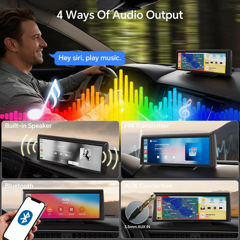 Image showing 4 audio output options with 8.1 Inch Wireless CarPlay Car Stereo With Android Auto And Mirror Link, on dashboard.