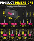 Dimensions of the 9-Piece PVC Pipe Reamer Kit with nine reamers from 1/2 to 4 inch for standard 1/2 inch drills, ideal for pipe deburring.