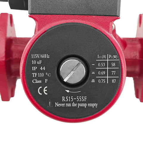 Top Notch Stainless Steel Circulator Pump For Water Heaters And Boiler Hydronic Heat Systems 3 Speed Settings 115 Volt 60 Hz control panel and specs