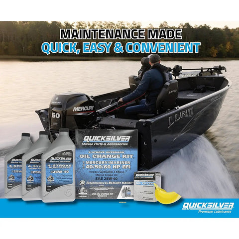 Image showing a boat on water with Mercury Outboard 4-Stroke Oil Change Kit For 40HP 50HP 60HP and Quicksilver products displayed.