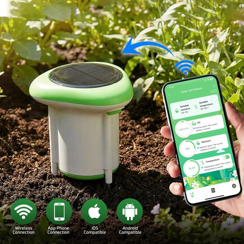 Smart Soil Moisture Meter 3 In 1 Soil Tester For EC Temp And Moisture Wireless Plant Monitor With App Pro Grade Solar Powered High Precision Digital Soil Sensor For Indoor Outdoor Garden And Lawn, in soil with phone app