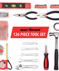 Assorted tools including pliers, wrenches, and hammer from the 160 Piece General Household Hand Tool Set Kit With Plastic Toolbox And Electrician Tools For Everyday Home Repairs DIY Projects Perfect Starter Kit For Any Weekend Warrior Who Wants Real Quality And Convenience.