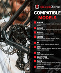Man adjusting disc brake, list of Shimano models compatible with Shimano Hydraulic Brake Bleed Kit With Reusable Funnel Silicone Hose.