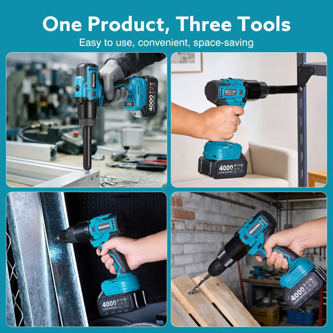 3 In 1 Cordless Rivet Nut Drill Gun for nutsert riveting and drilling, portable battery powered tool in use on various materials