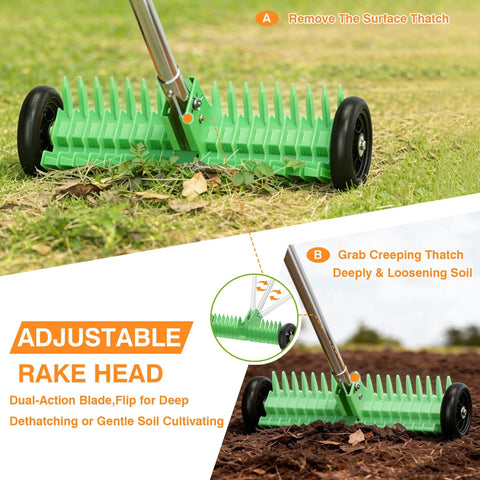 Thatch Rake For Lawn 15 Inch Dethatcher With Smooth Rolling Wheels Adjustable 0 To 15 Degrees 38 To 68 Inch Handle Heavy Duty