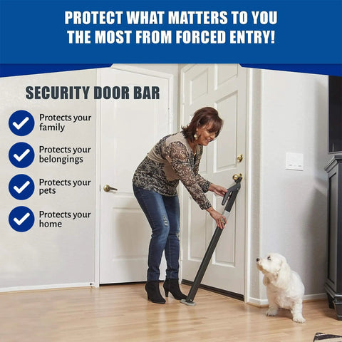 Heavy Duty Door Security Bar With One Ton Strength, Adjustable Aluminum Jammer for home security, woman installing