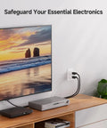 Television and electronic devices connected to 3 Pack Non Blocking 750 Joules Surge Protector With 500V Clamping Voltage, Single Outlet Wall Outlet, 15A 1875W, ETL Listed, Compact White Power Protector For Home Office And Electronics