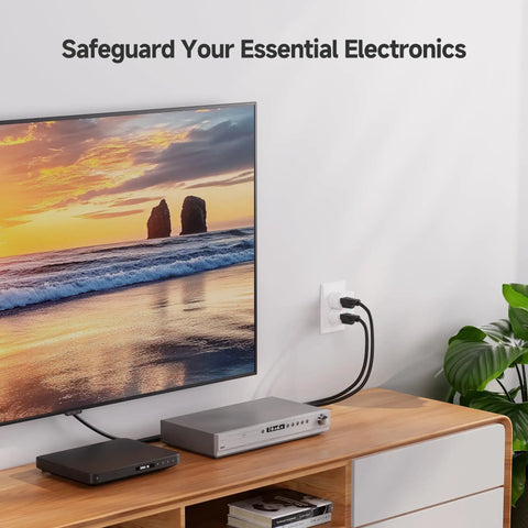 Television and electronic devices connected to 3 Pack Non Blocking 750 Joules Surge Protector With 500V Clamping Voltage, Single Outlet Wall Outlet, 15A 1875W, ETL Listed, Compact White Power Protector For Home Office And Electronics