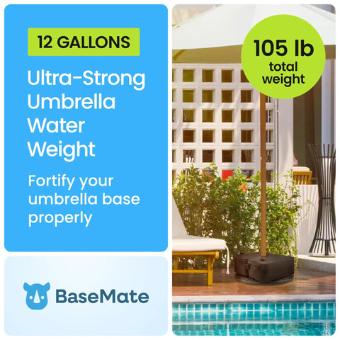 Image of a 12-gallon detachable square umbrella base water bag securing a cantilever umbrella, weighing 105 lb when filled.