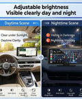 Daytime and nighttime view of 8.1 Inch Wireless CarPlay Screen With 2K Front Dash Cam And 1080P Rear Backup Camera in car dashboard