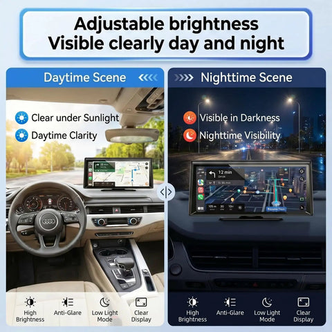 Daytime and nighttime view of 8.1 Inch Wireless CarPlay Screen With 2K Front Dash Cam And 1080P Rear Backup Camera in car dashboard